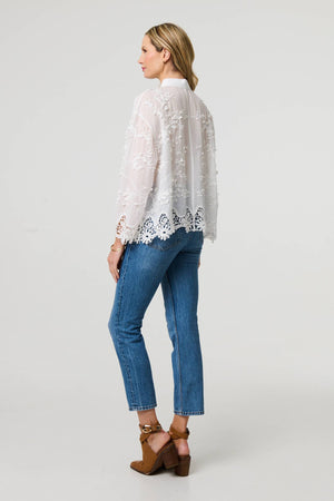 White | Embroidered Lace Long Sleeve Shirt
