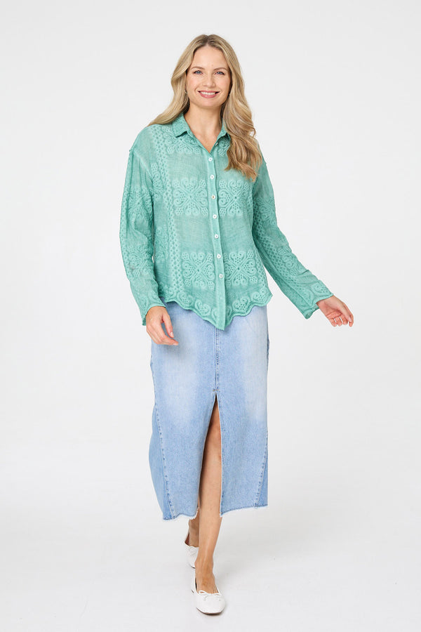 Sage | Embroidered Textured Long Sleeve Shirt
