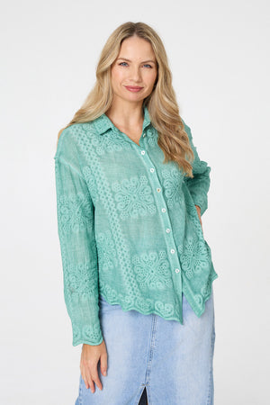 Sage | Embroidered Textured Long Sleeve Shirt
