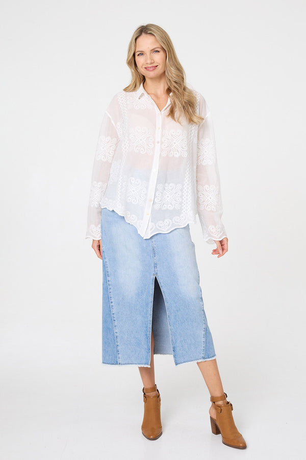 White | Embroidered Textured Long Sleeve Shirt
