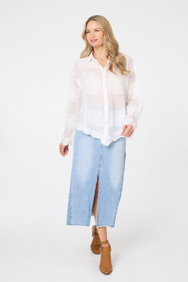 White | Embroidered Textured Long Sleeve Shirt

