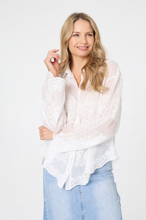 White | Embroidered Textured Long Sleeve Shirt : Model is 5'10