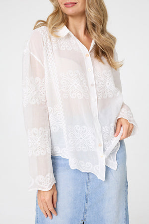 White | Embroidered Textured Long Sleeve Shirt
