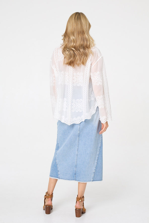 White | Embroidered Textured Long Sleeve Shirt
