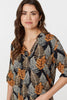 Black | Leaf Print Turn-Up Sleeve Blouse
