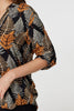 Black | Leaf Print Turn-Up Sleeve Blouse
