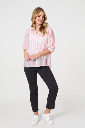 Pink | Striped Sheer 3/4 Sleeve Relaxed Shirt
