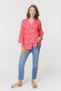 Red | Printed Curve Hem V-Neck Tunic Blouse

