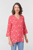 Red | Printed Curve Hem V-Neck Tunic Blouse : Model is 5'8