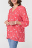 Red | Printed Curve Hem V-Neck Tunic Blouse
