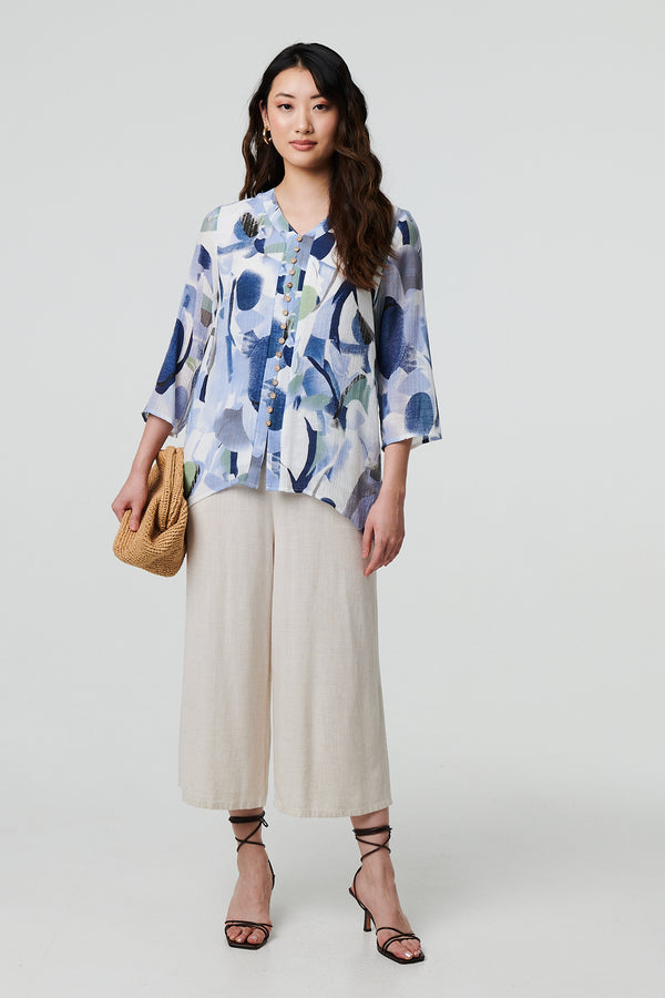 Blue | Abstract 3/4 Sleeve Curve Hem Shirt
