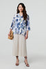 Blue | Abstract 3/4 Sleeve Curve Hem Shirt
