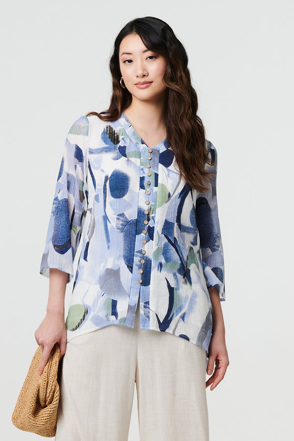 Blue | Abstract 3/4 Sleeve Curve Hem Shirt
