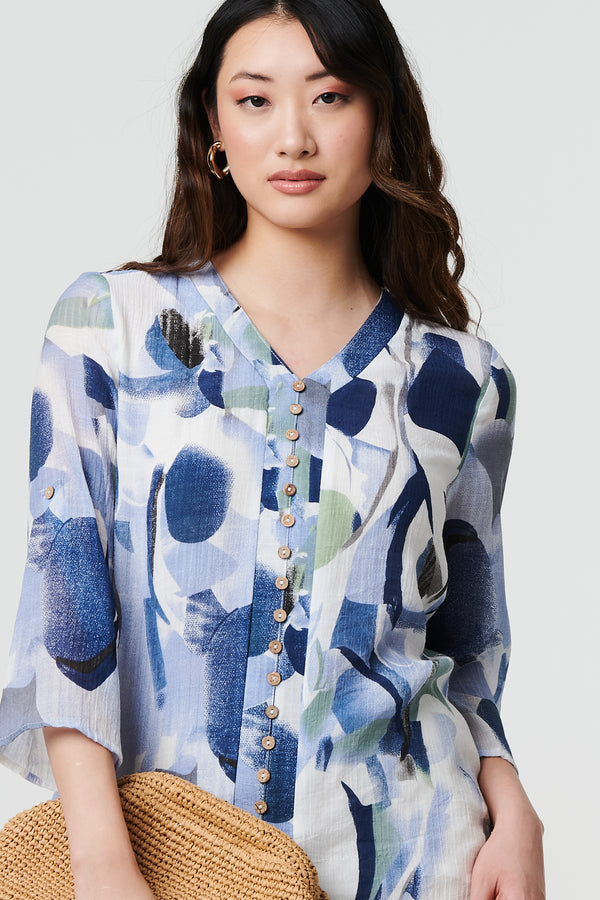 Blue | Abstract 3/4 Sleeve Curve Hem Shirt
