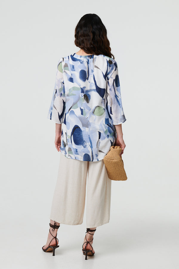 Blue | Abstract 3/4 Sleeve Curve Hem Shirt
