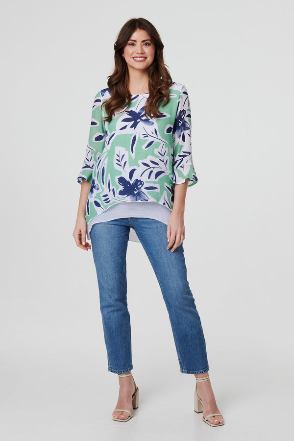 Green | Floral Print Layered Relaxed Tunic Top

