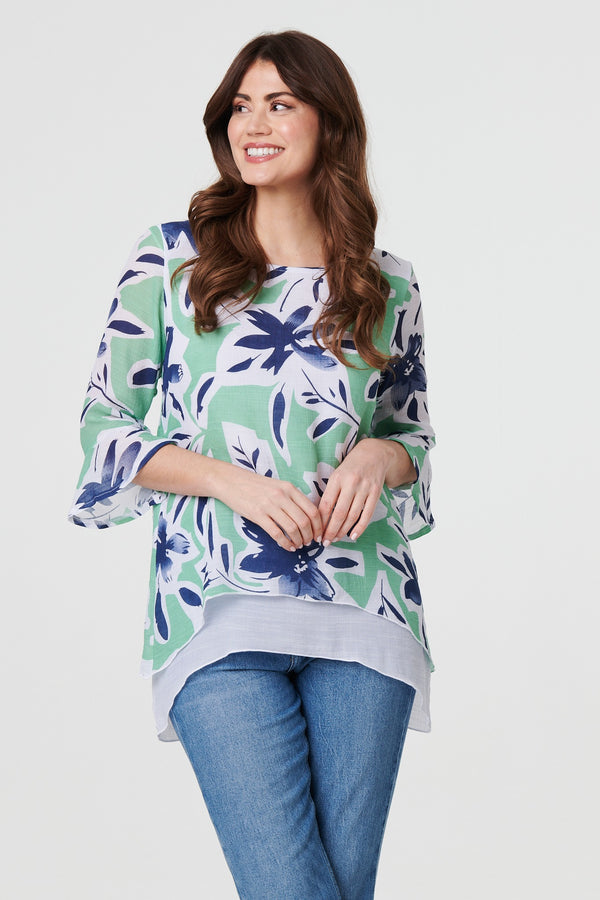 Green | Floral Print Layered Relaxed Tunic Top : Model is 5'9"/175 cm and wears UK10/EU38/US6/AUS10
