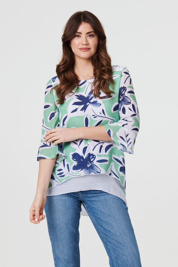 Green | Floral Print Layered Relaxed Tunic Top
