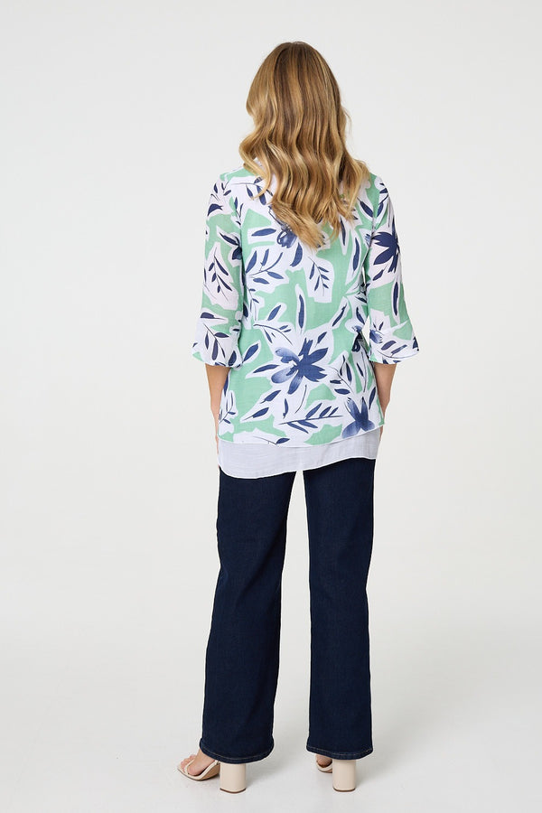 Green | Floral Print Layered Relaxed Tunic Top
