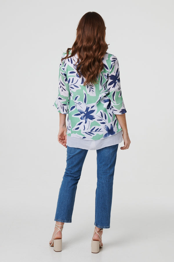 Green | Floral Print Layered Relaxed Tunic Top
