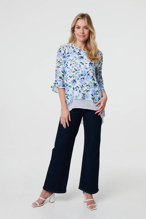 Blue | Floral Layered 3/4 Sleeve Tunic Top
