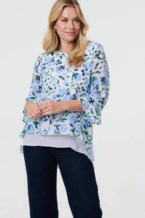 Blue | Floral Layered 3/4 Sleeve Tunic Top
