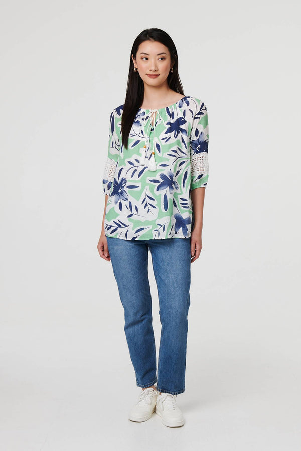 Green | Leaf Print Lace Trim Bardot Blouse
