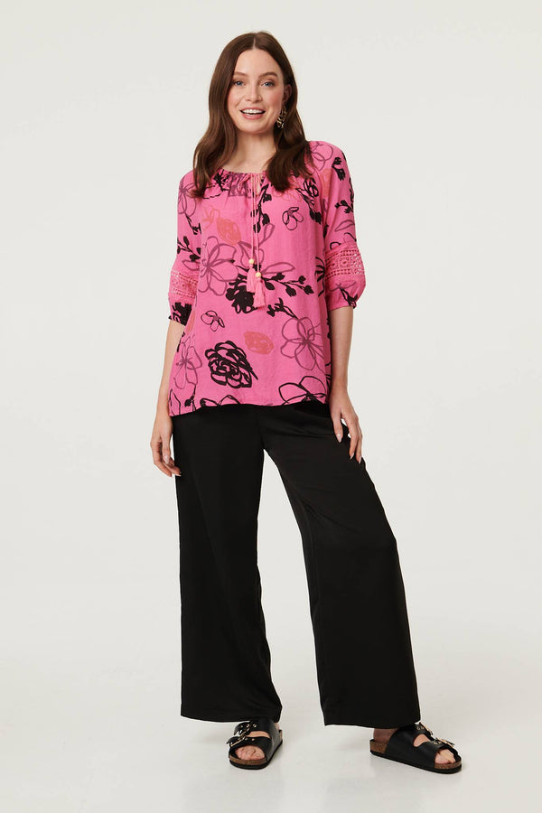 Fuchsia | Abstract Floral Ruched Bardot Top Blouse