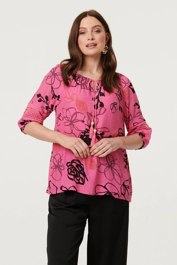 Fuchsia | Abstract Floral Ruched Bardot Top Blouse