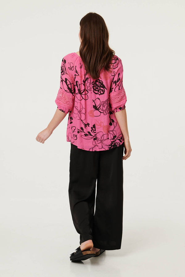 Fuchsia | Abstract Floral Ruched Bardot Top Blouse