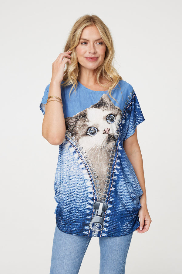 Blue | Embellished Graphic Print Tunic Top