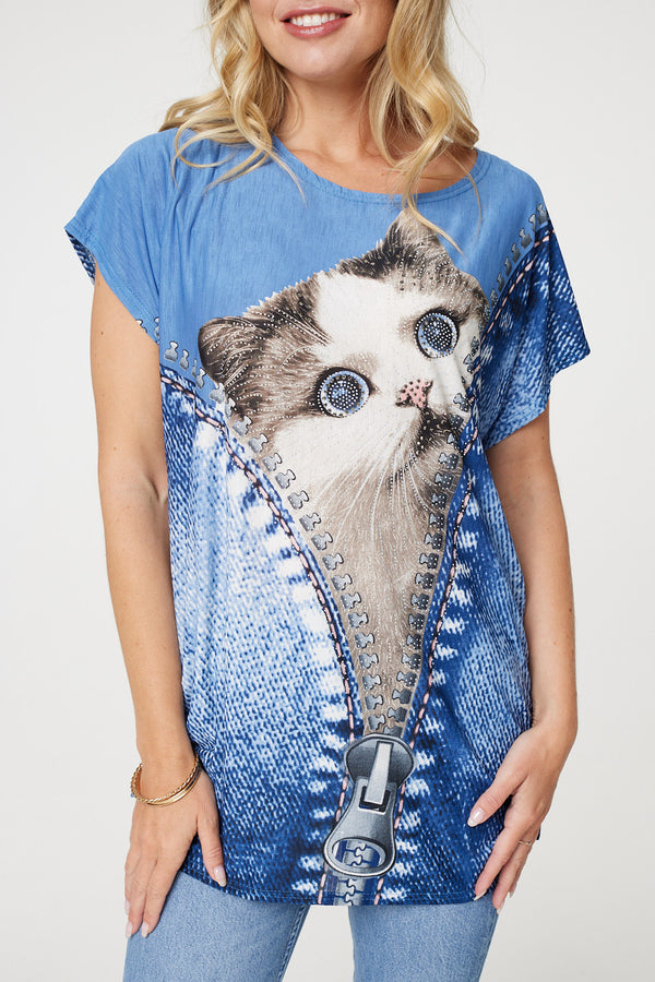 Blue | Embellished Graphic Print Tunic Top