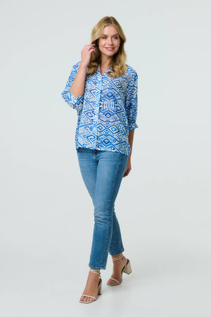 Blue | Aztec Print 3/4 Sleeve Relaxed Blouse

