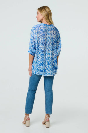 Blue | Aztec Print 3/4 Sleeve Relaxed Blouse
