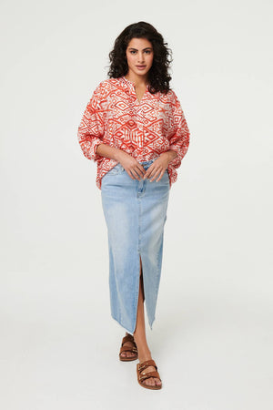 Orange | Aztec Print 3/4 Sleeve Relaxed Blouse
