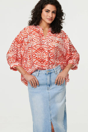 Orange | Aztec Print 3/4 Sleeve Relaxed Blouse : Model is 5'8