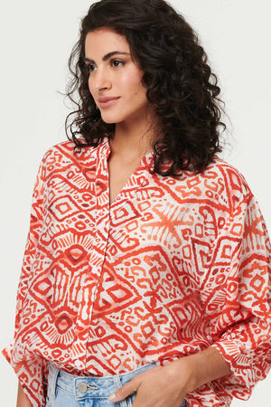 Orange | Aztec Print 3/4 Sleeve Relaxed Blouse
