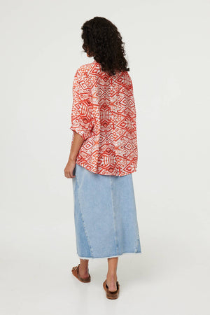 Orange | Aztec Print 3/4 Sleeve Relaxed Blouse

