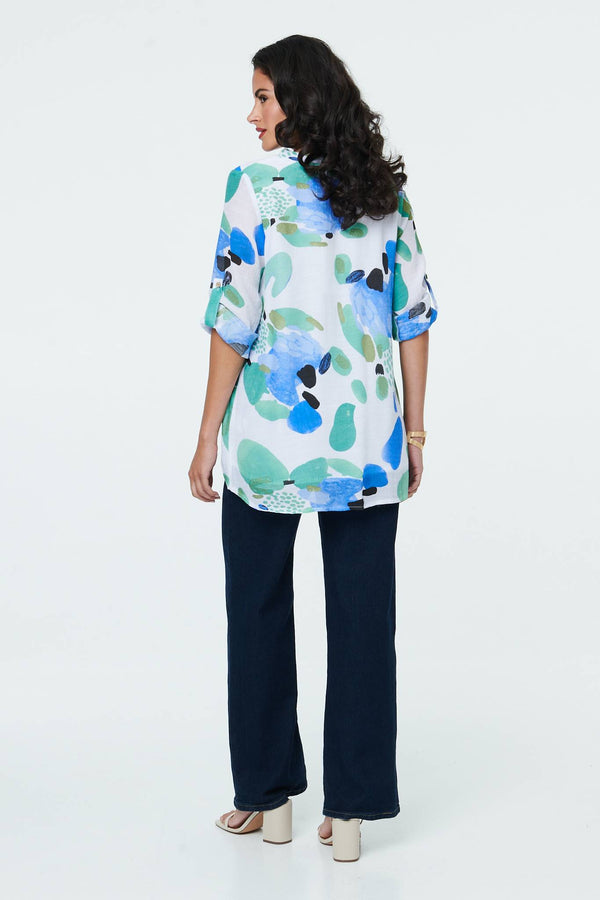 Blue | Abstract Relaxed 3/4 Sleeve Tunic Blouse

