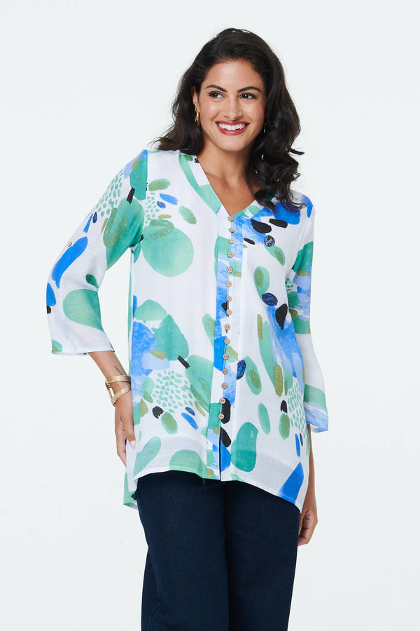 Blue | Abstract Relaxed 3/4 Sleeve Tunic Blouse
