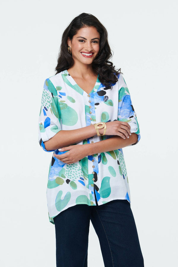Blue | Abstract Relaxed 3/4 Sleeve Tunic Blouse
