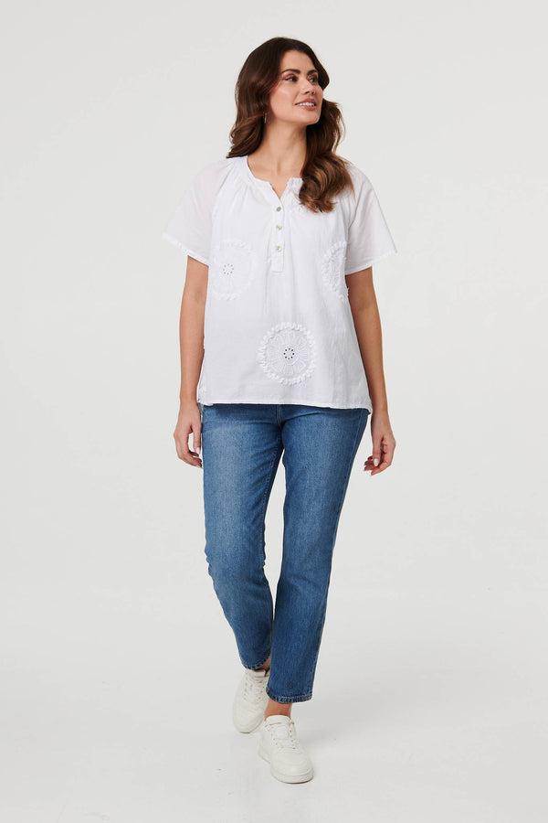 White | Embroidered Short Sleeve Relaxed Blouse
