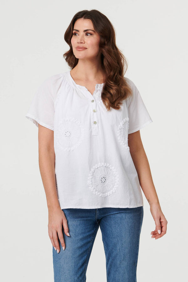 White | Embroidered Short Sleeve Relaxed Blouse
