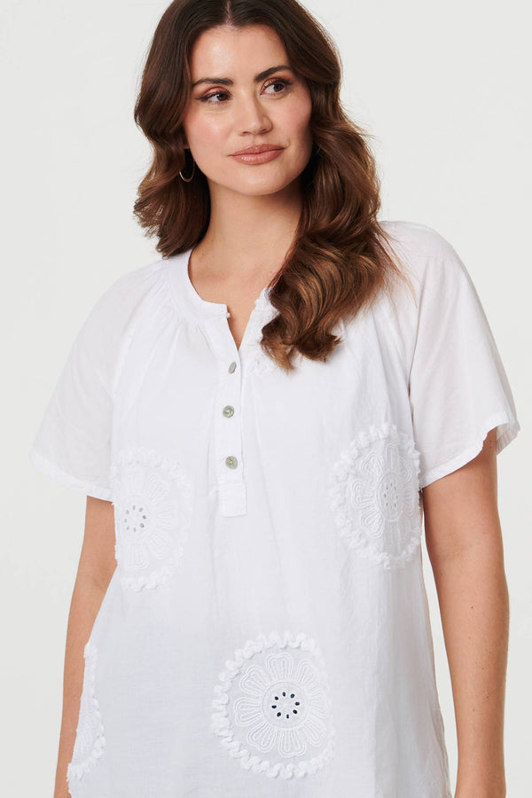 White | Embroidered Short Sleeve Relaxed Blouse
