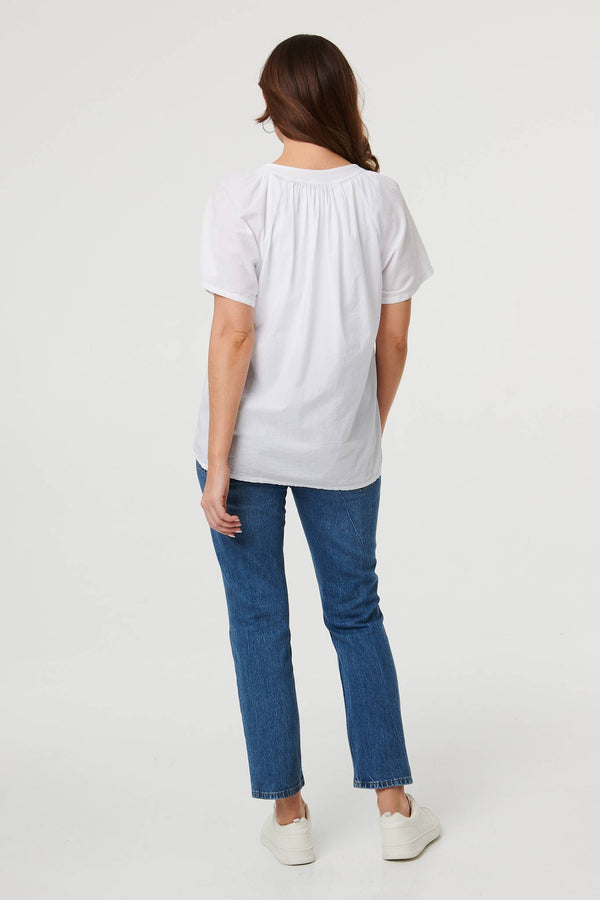 White | Embroidered Short Sleeve Relaxed Blouse
