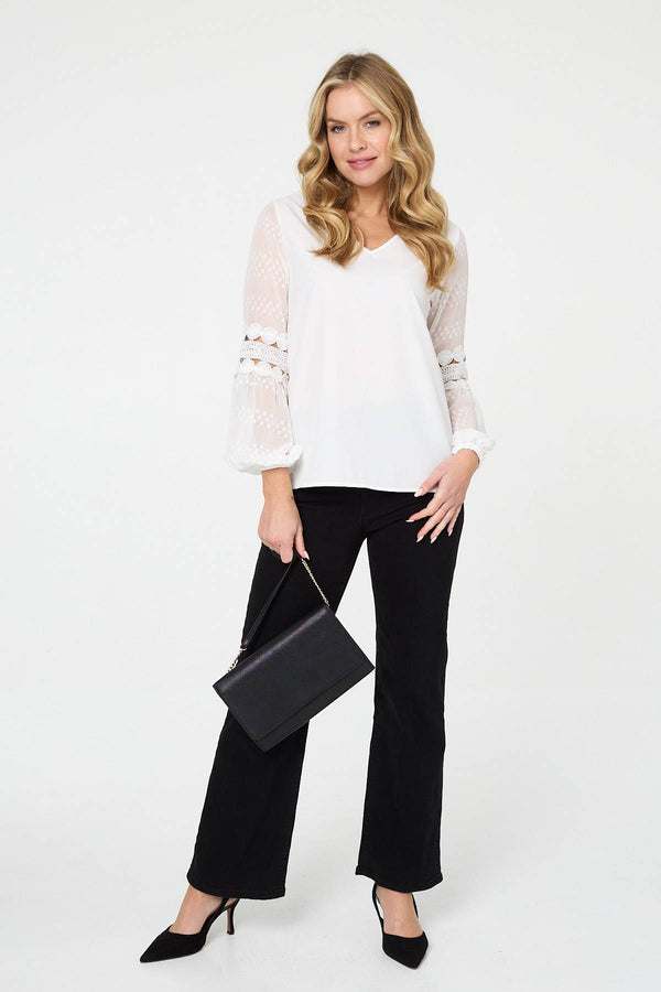 Ivory | Relaxed Lace Trim Balloon Sleeve Blouse