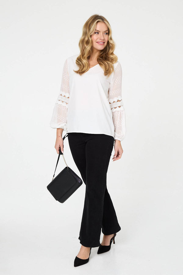 Ivory | Relaxed Lace Trim Balloon Sleeve Blouse