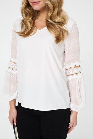 Ivory | Relaxed Lace Trim Balloon Sleeve Blouse