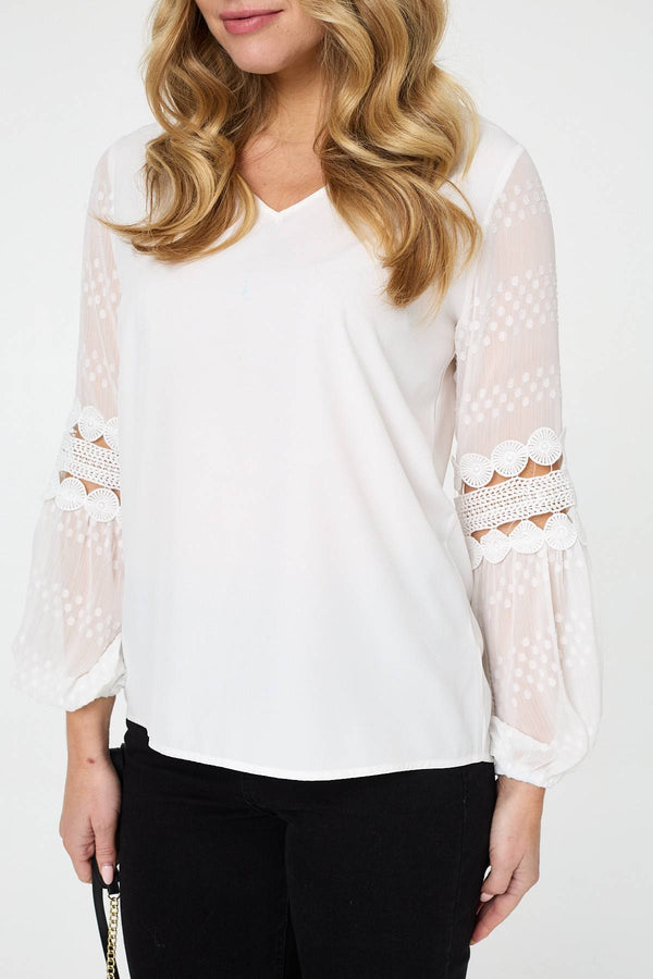 Ivory | Relaxed Lace Trim Balloon Sleeve Blouse