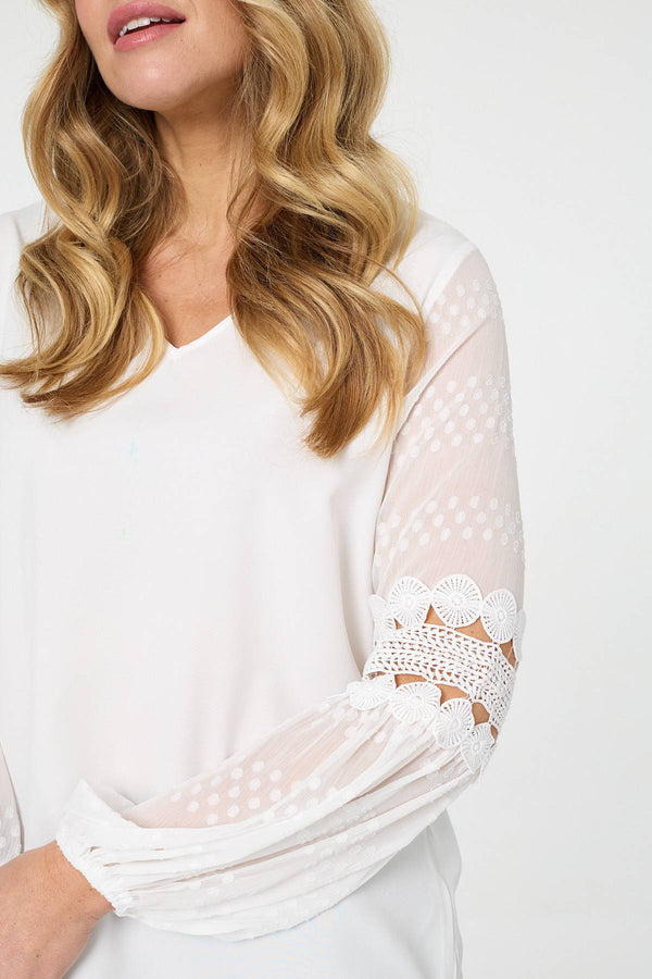Ivory | Relaxed Lace Trim Balloon Sleeve Blouse